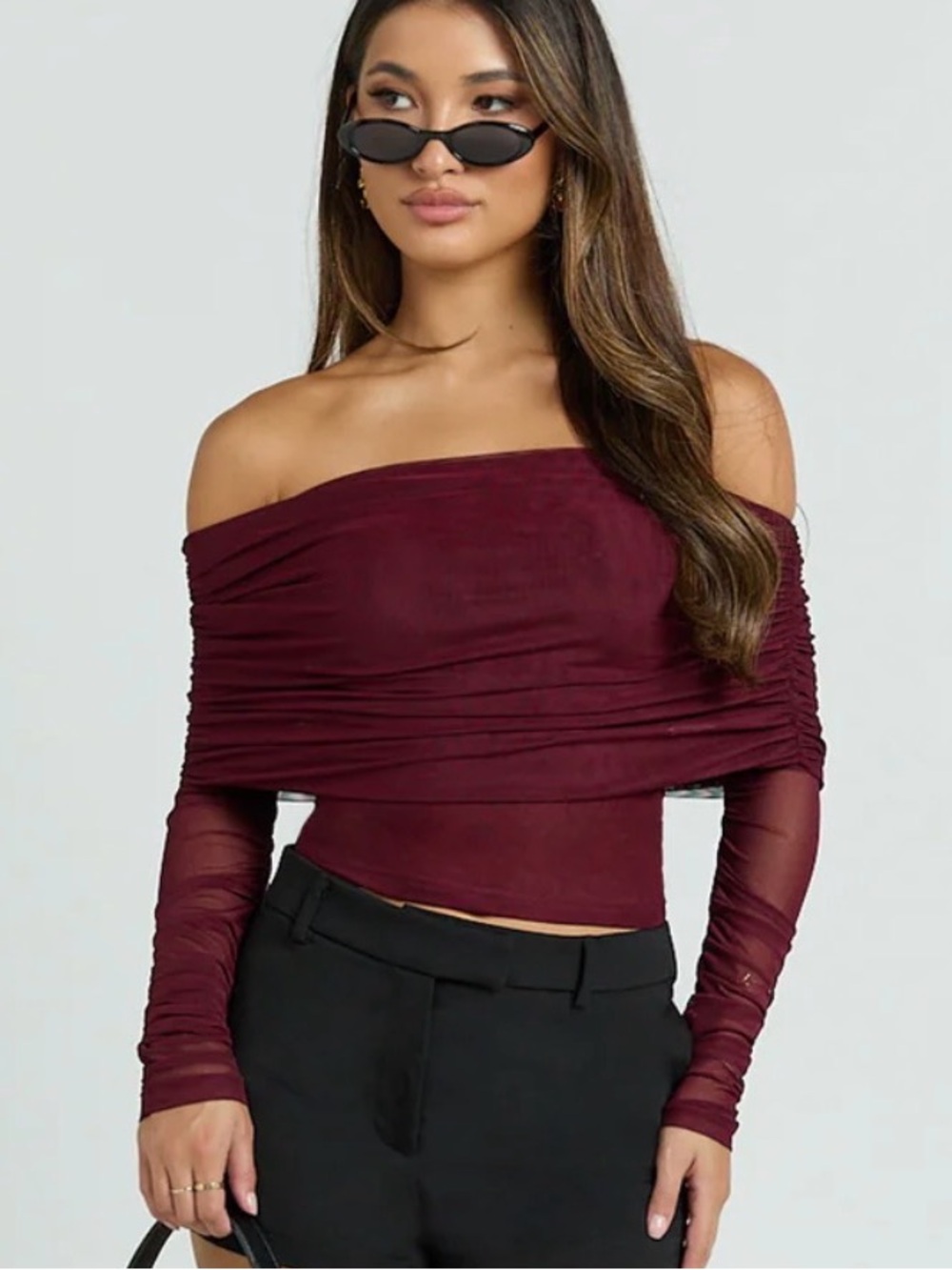 SHOWPO ROZA TOP - ASYMMETRIC LONG SLEEVE ONE SHOULDER TOP IN WINE